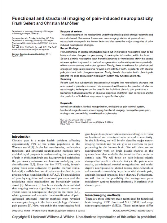 Functional and structural imaging of pain induced neuroplasticity