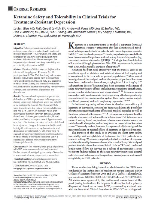 Ketamine safety and tolerability in treatment resistant depression