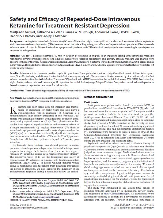 Safety and efficacy of repeated dose intravenous ketamine for treatment resistant depression